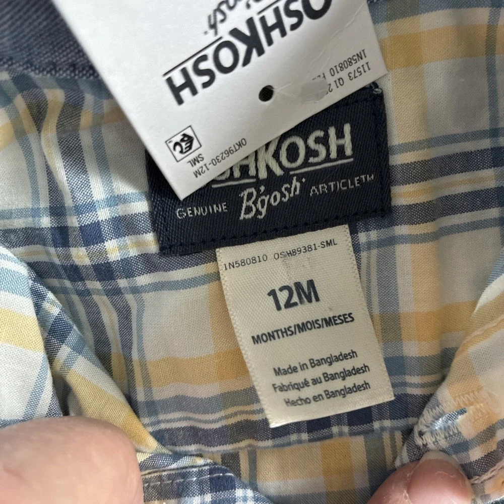 OSHKOSH B'GOSH Vestbak pant overalls Matching Plaid Shirt Boys 12 Months 2 Piece